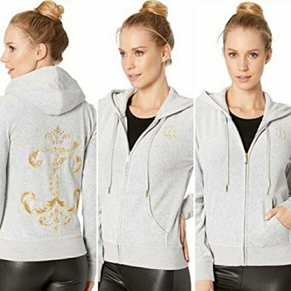 Retro Y2K/2000's  Juicy Couture Bling Bling Crystal Studded Velour Hoodie - Picture 1 of 14